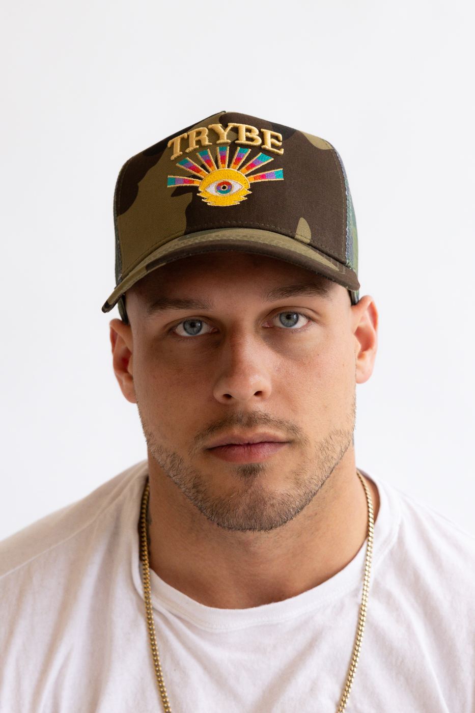 Sunburst Trucker Woodland Camo — worn